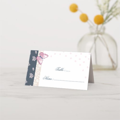 Romantic Navy  pink butterflies floral Place Card