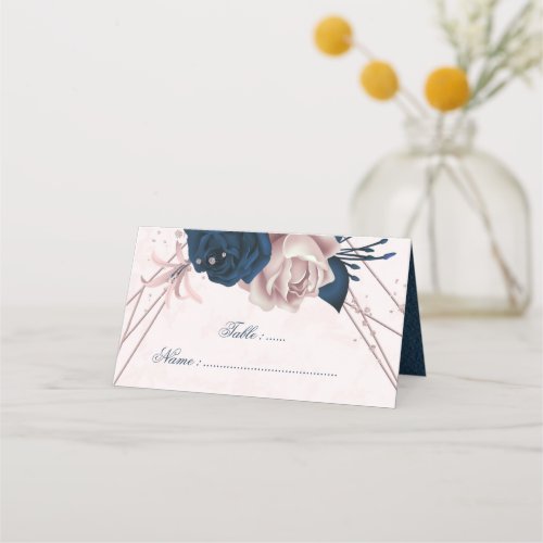Romantic Navy  pink flowers Place Card