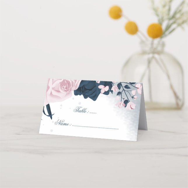 Romantic Navy & pink flowers Place Card (Front)