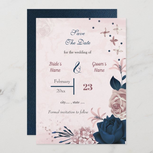 Romantic Navy & pink flowers Save The Date (Front/Back)