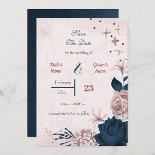 Romantic Navy & pink flowers Save The Date