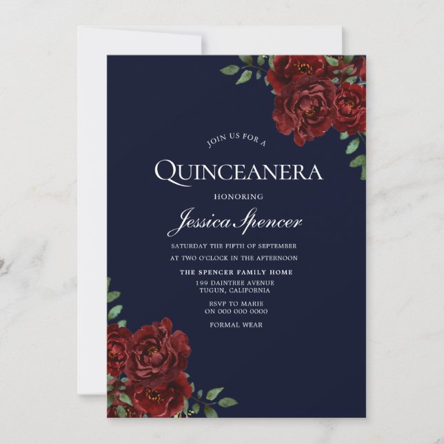 Romantic Navy & Red Rose Quinceanera Invite (Front)