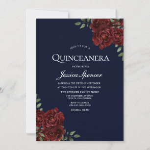 Romantic Navy & Red Rose Quinceanera Invite