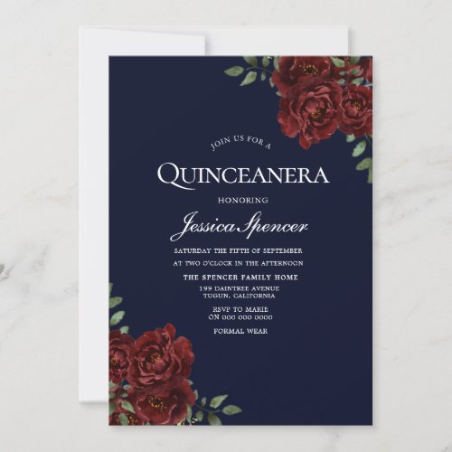 Romantic Navy  Red Rose Quinceanera Invite