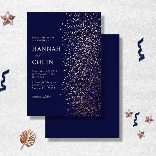 Romantic Navy Rose Gold Stardust Foil Invitation