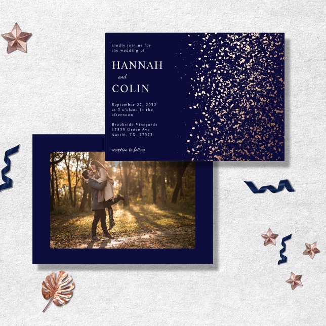 Romantic Navy Rose Gold Stardust Foil Photo  Foil Invitation (Creator Uploaded)