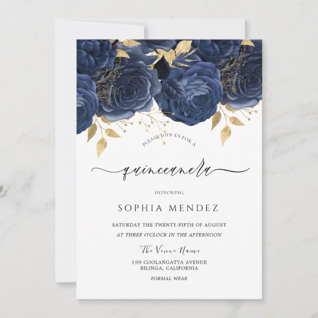 Romantic Navy Roses Elegant Quinceanera Party Invi Invitation (Front)