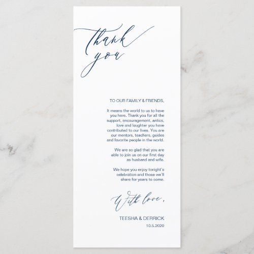 Romantic Navy Script Place Setting Thank You Card