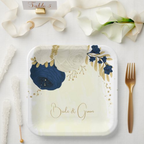 Romantic navy  white flowers gold paper plates