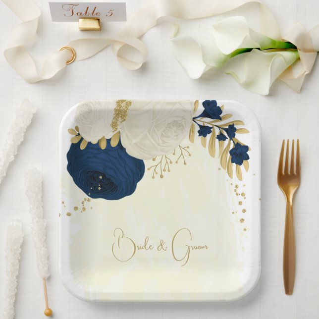 Romantic navy & white flowers gold paper plates (Wedding)