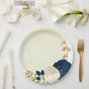 Romantic navy & white flowers gold paper plates