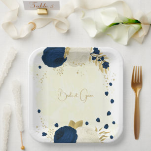 Romantic navy & white flowers gold paper plates
