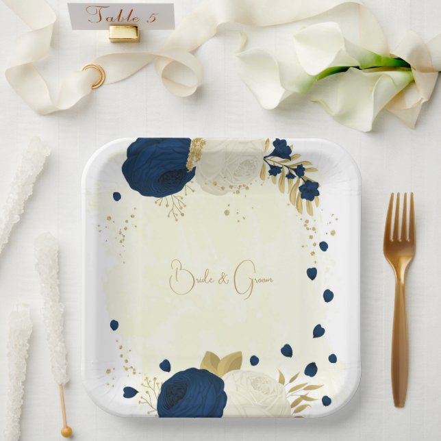 Romantic navy & white flowers gold paper plates (Wedding)