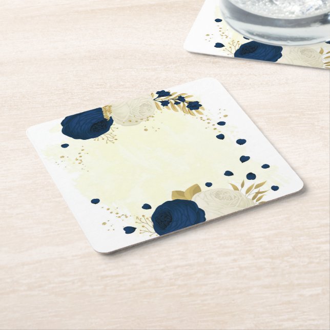 Romantic navy & white flowers gold square paper coaster (Angled)