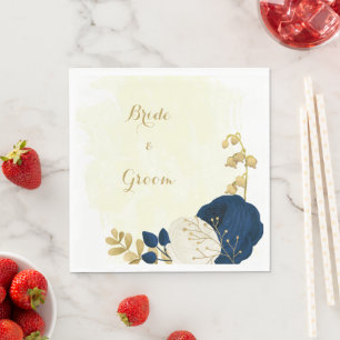 Romantic navy & white flowers gold wedding napkins