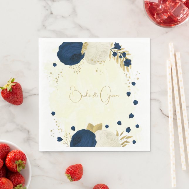 Romantic navy & white flowers gold wedding napkins (Insitu)