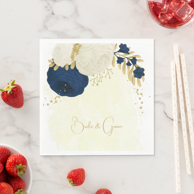 Romantic navy & white flowers gold wedding napkins (Insitu)