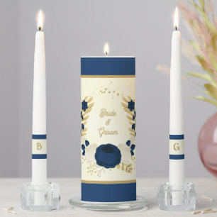 Romantic navy & white flowers gold wedding unity candle set