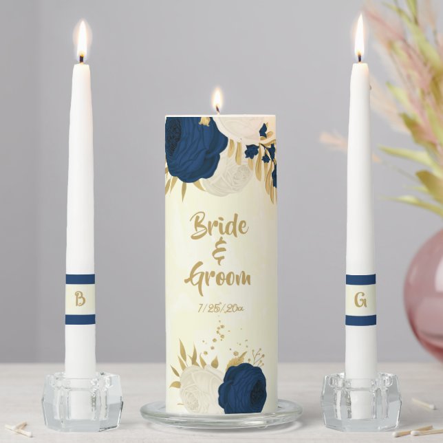 Romantic navy & white flowers gold wedding unity candle set (In Situ)