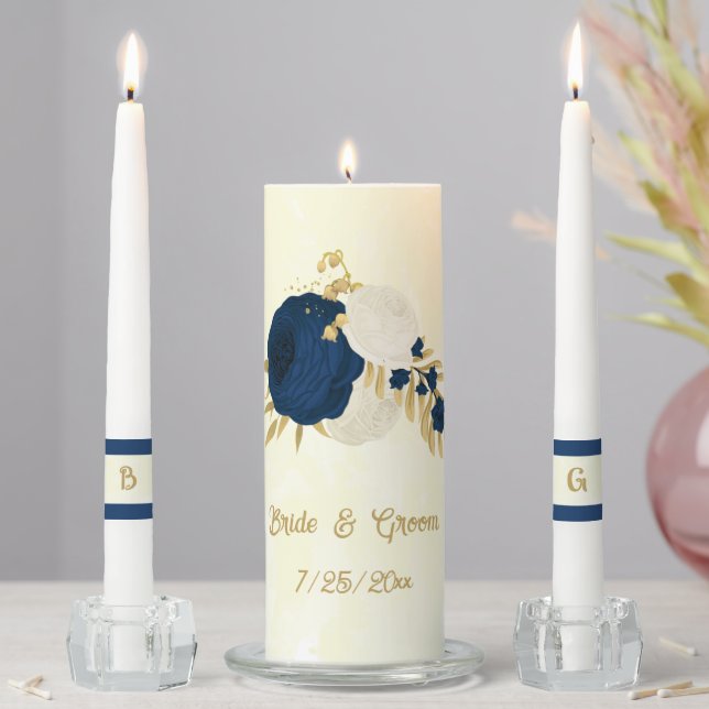 Romantic navy & white flowers gold wedding  unity candle set (In Situ)