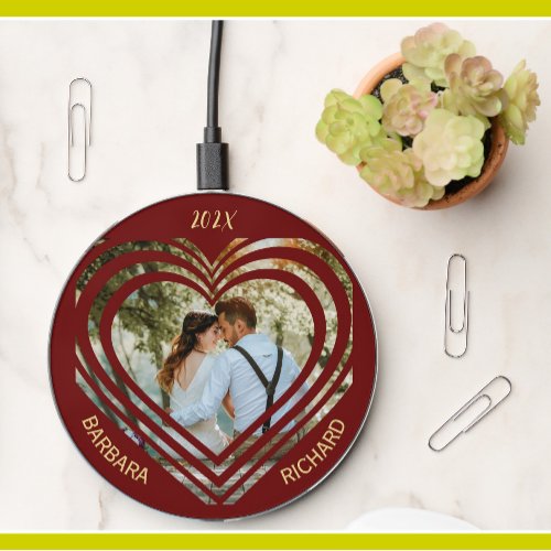 Romantic Nestled Hearts Photo Names Year Wireless Charger