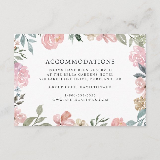 Romantic Neutral Blush Floral Hotel Accommodations Enclosure Card (Front)
