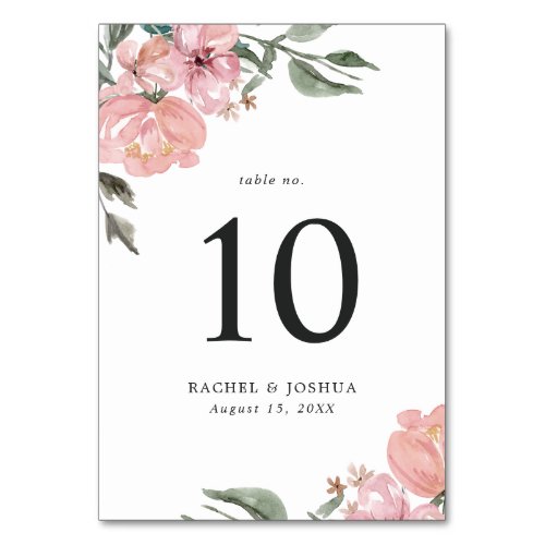 Romantic Neutral Blush Watercolor Floral  Wedding Table Number