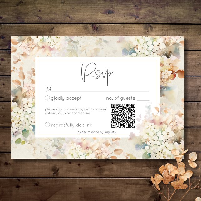 Romantic Neutral Vintage Hydrangeas Wedding QR RSVP Card (Romantic Neutral Vintage Hydrangeas Wedding QR Code RSVP Card)