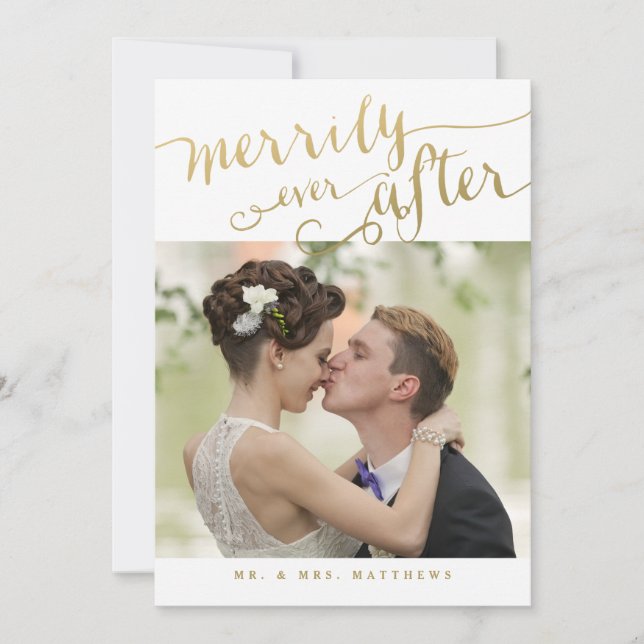 Romantic Newlyweds Gold Script Holiday Photo (Front)