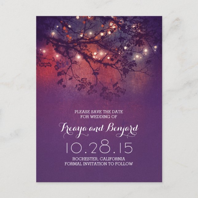 romantic night lights purple rustic save the date announcement postcard (Front)