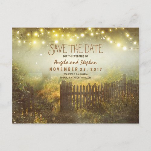 romantic night lights rustic save the date announcement postcard