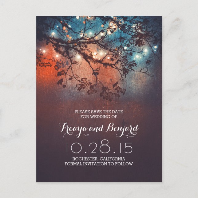 romantic night lights special rustic save the date announcement postcard (Front)