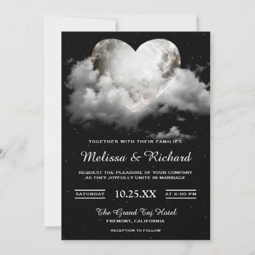 Romantic Night Sky Moon Heart Wedding Invitation