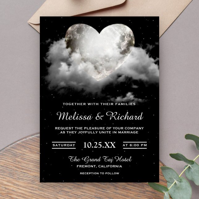 Romantic Night Sky Moon Heart Wedding Invitation (Creator Uploaded)