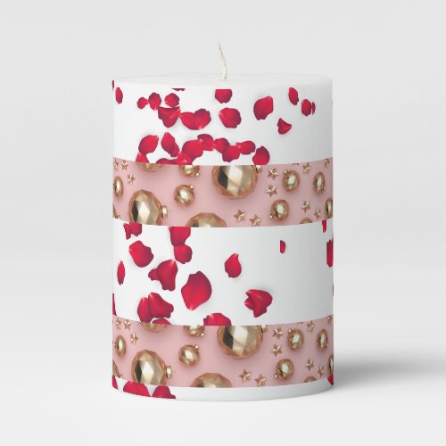 ROMANTIC OBSESSION GOLD BLUSH RED ROSE PETALS  PILLAR CANDLE