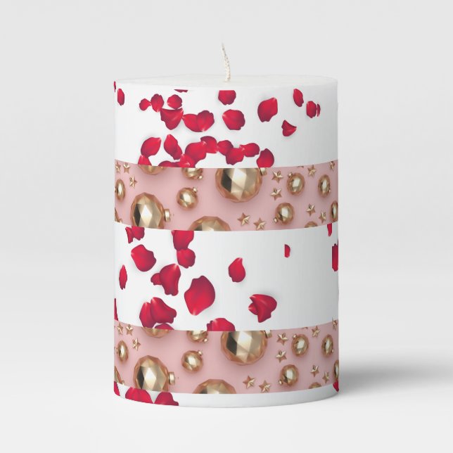 ROMANTIC OBSESSION GOLD BLUSH RED ROSE PETAL'S  PILLAR CANDLE (Front)