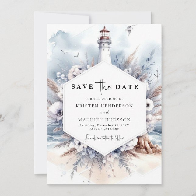 Romantic Oceanic Waves Lighthouse Wedding Save The Date (Front)