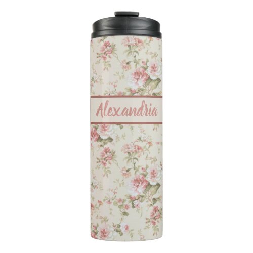 Romantic Old Fashioned Roses Print Monogrammed   Thermal Tumbler