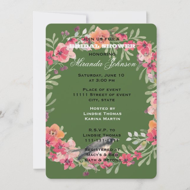 Romantic Oleander Bird Pink Floral Bridal Shower Invitation (Front)