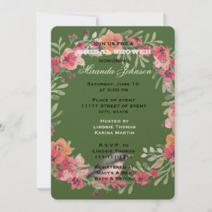 Romantic Oleander Bird Pink Floral Bridal Shower Invitation
