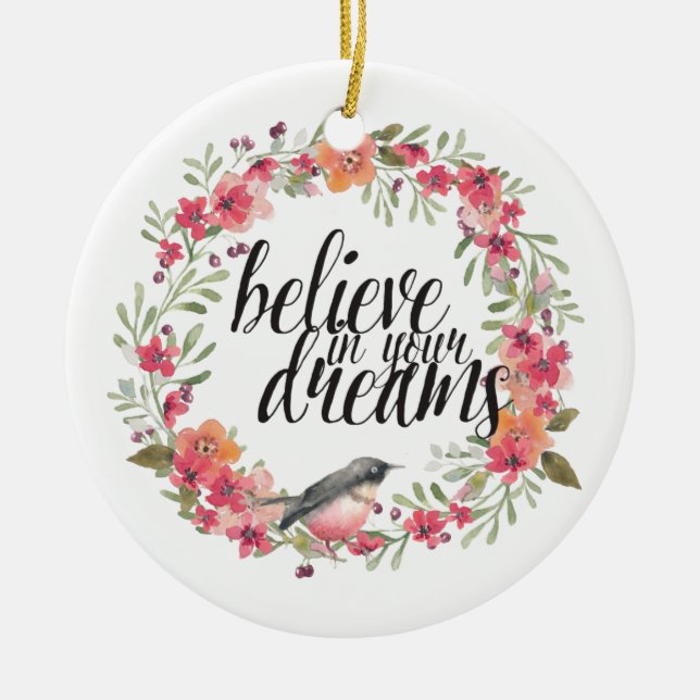 Romantic Oleander Bird Pink Floral Dream Ceramic Ornament (Front)