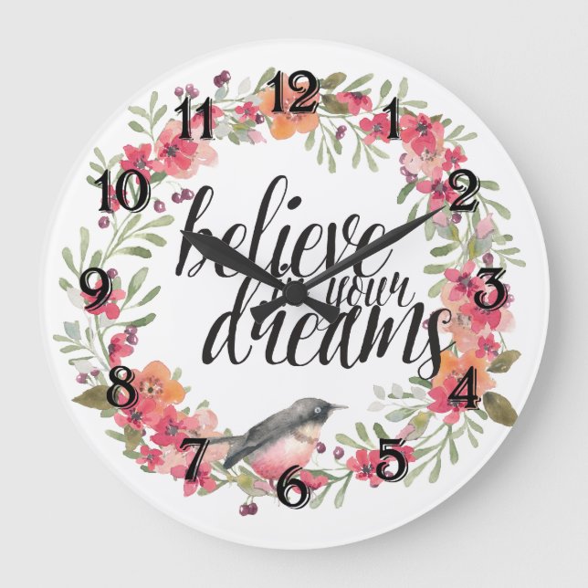 Romantic Oleander Bird Pink Floral Dream Large Clock (Front)
