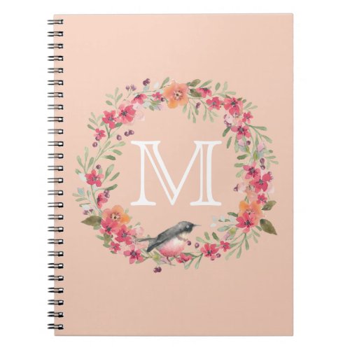 Romantic Oleander Bird Pink Floral monogram Notebook