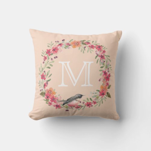 Romantic Oleander Bird Pink Floral Monogram Throw Pillow