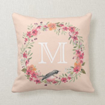 Romantic Oleander Bird Pink Floral Monogram Throw Pillow by peacefuldreams at Zazzle
