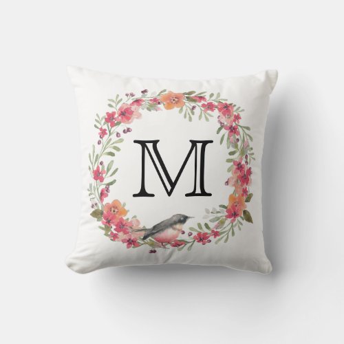 Romantic Oleander Bird Pink Floral Monogram Throw Pillow