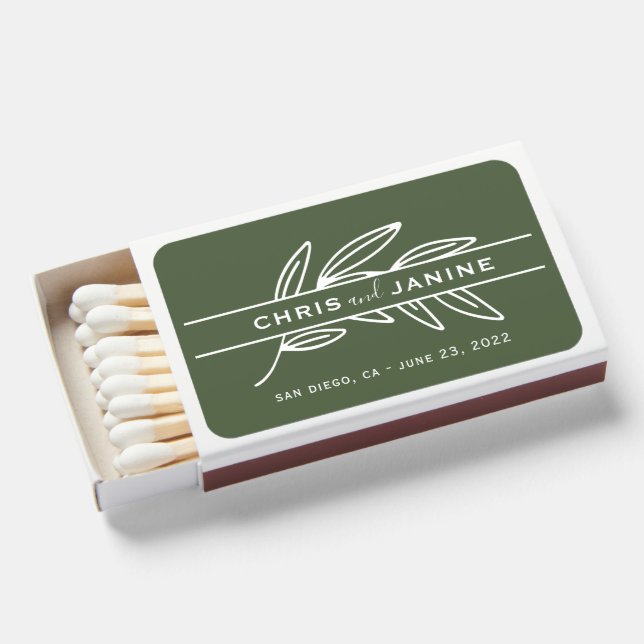 Romantic Olive Green Branch Custom Wedding Matches (Front Open)