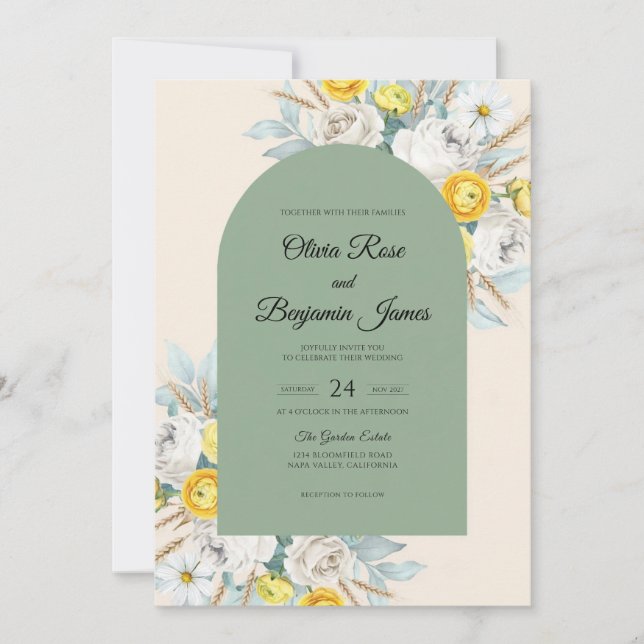 Romantic Olive Wildflower Wedding Invitation (Front)