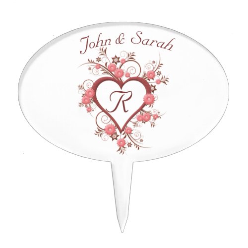 Romantic Open Heart with Flowers Custom Monogram Cake Topper