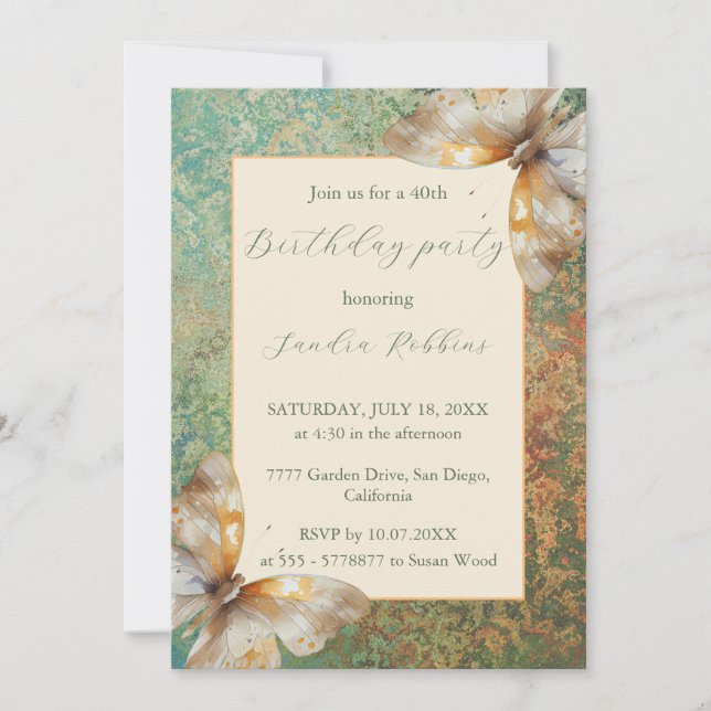 Romantic orange and green butterflies Birthday Invitation (Front)